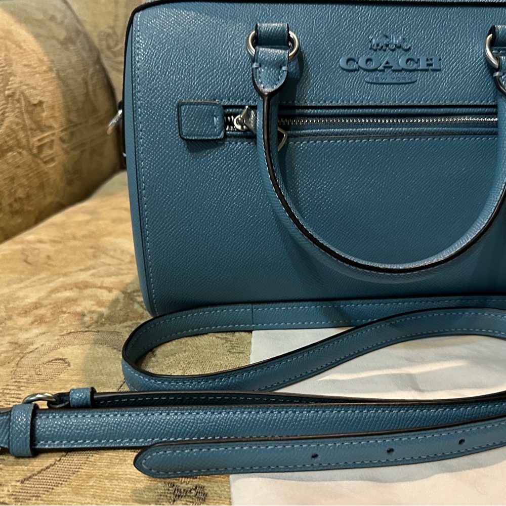 Coach Teal Blue Pebbled Leather Rowan Satchel with Detachable Strap - Picture 8 of 13